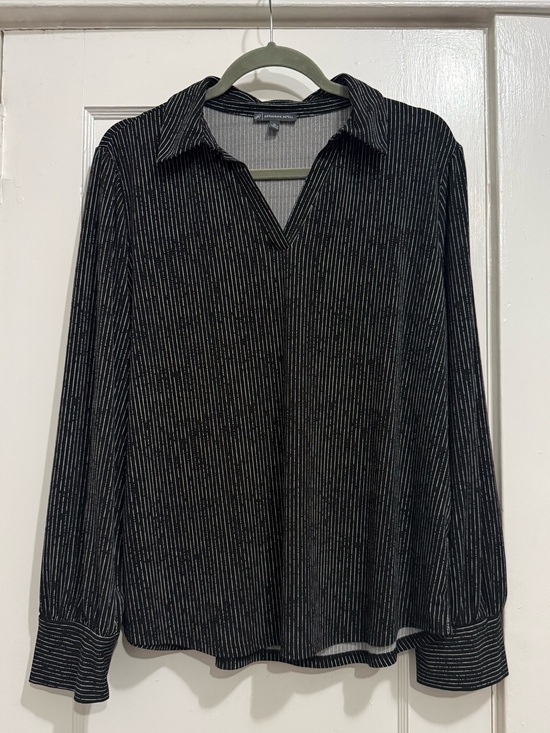 Adrianna Papell Tops - Adrianna Papell Black Pinstripe V-Neck Collared Shirt